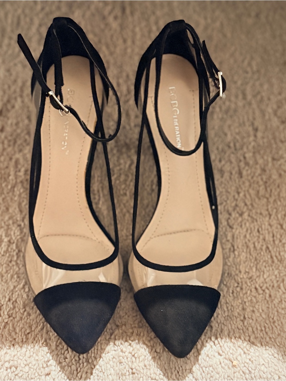 BCBGeneration Black and Nude Pointed-Toe Ankle-Strap Pumps